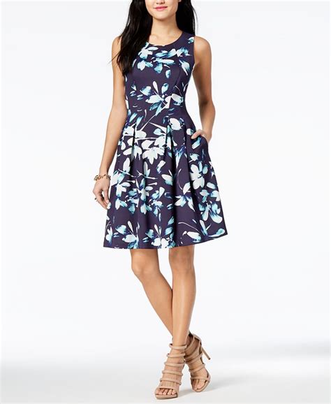 Nine West Floral Print Scuba Fit And Flare Dress Macys