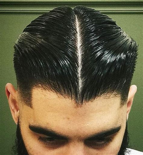 Slicked Middle Part Slick Hairstyles Slicked Hair Men Down Curly