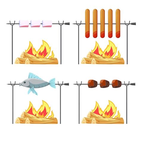 разные виды пищи, которые готовятся на костре | Премиум векторы
