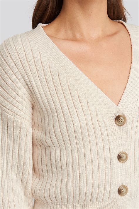 Ribbed Cropped Cardigan Beige Na