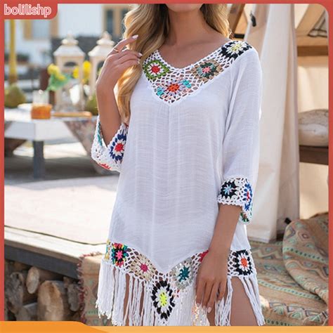 Bikini Cover Up Hollow Out Crochet Patchwork Summer Loose Fitting Sun Protection Swimwear Tunic