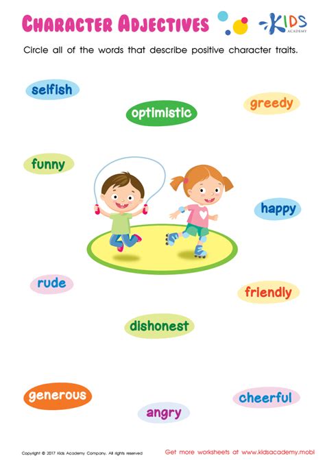 character adjectives worksheet  printable   kids