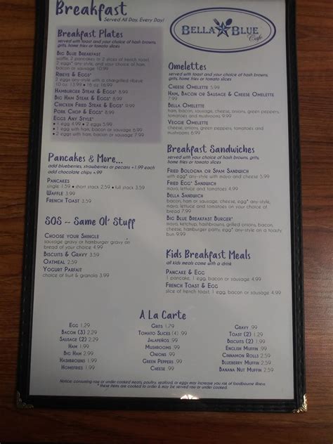 Menu at Bella Blue Cafe, Temple