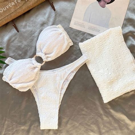 Vinroll Set Strapless Plain Bikini Top Bikini Bottom Cover Up YesStyle