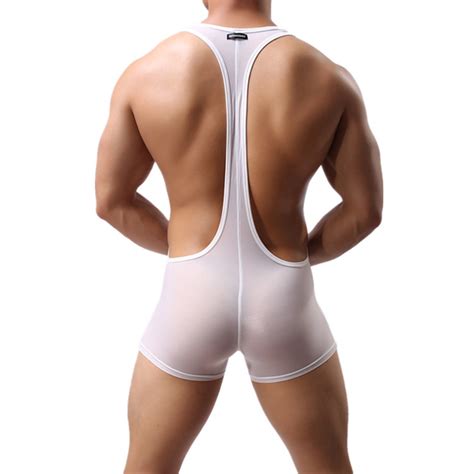 Jual Lycra Bodysuit Men Underwear Sexy Lingerie Leotard Transparent Tights Wrestling Slimming