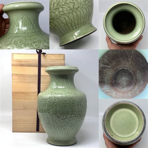 【やや傷や汚れあり】時代物 旧家整理品 古陶磁 清朝期 青磁花卉文大花瓶 古物保証 無傷、古物保証（古染付 朝鮮高麗李朝 煎茶道具 中国美術