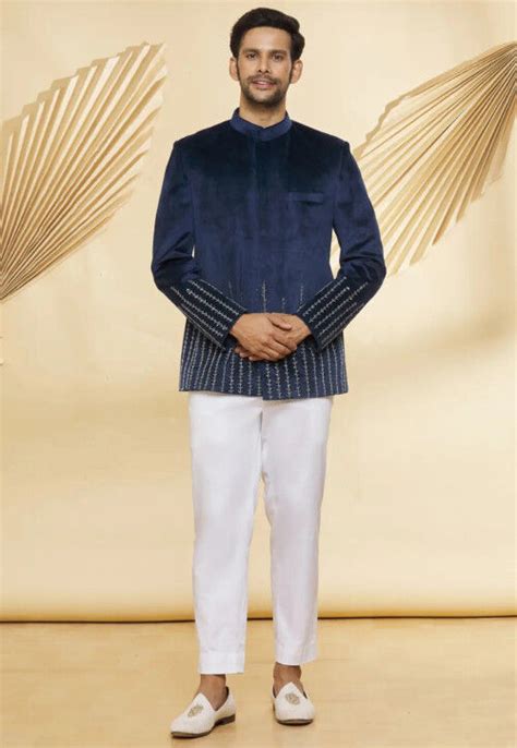 Hand Embroidered Velvet Jodhpuri Suit In Navy Blue Mgt309