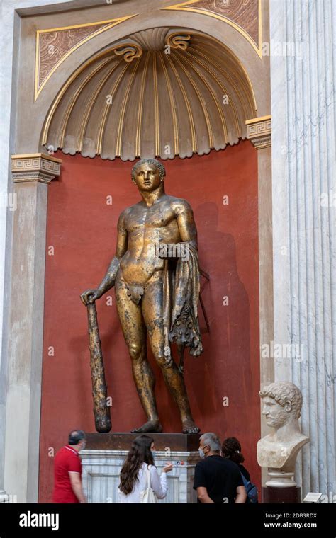 Heracles With Club Gilded Bronze Statue In Round Hall Of Pio Clementino Museum Vatican Museums