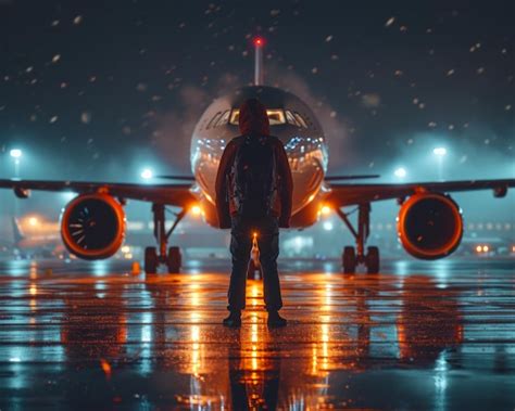 Premium Photo Man Standing On Wet Airport Runway In The Rain