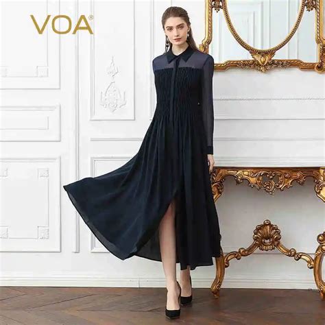 Voa Heavy Silk Plus Size Women Shirt Long Dress Sexy Mesh Solid Navy Blue Vintage Casual Runway