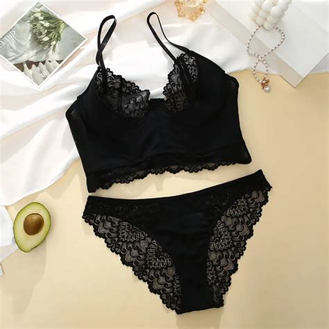 Women Sexy Lace Hollow Out Bra Set Low Waist Briefs And Adjustable