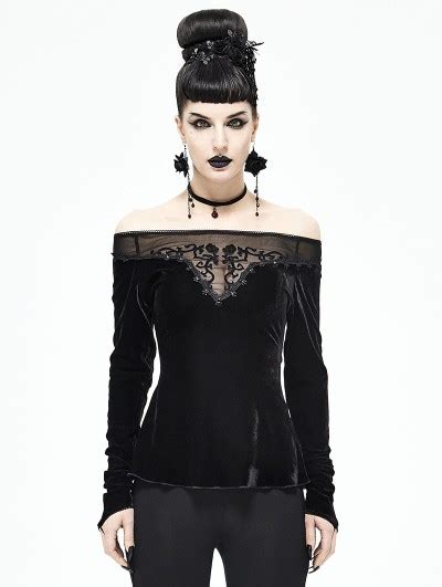 Devil Fashion Black Gothic Sexy Velvet Off The Shoulder Long Sleeve Top