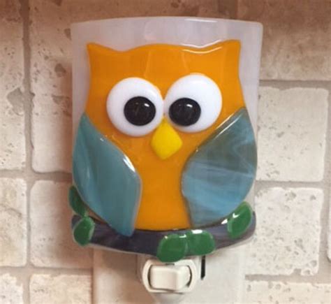 Nightlight Fused Glass Friendly Orange And Blue Owl Who