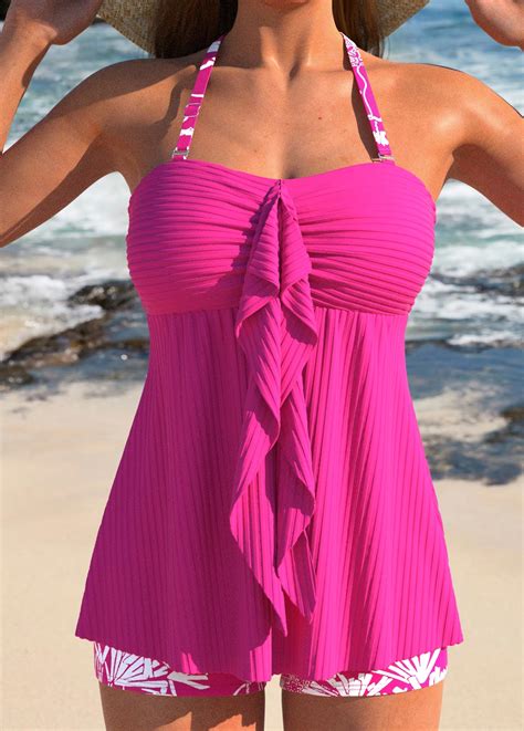 Tropical Plants Print Ruffle Hot Pink Tankini Set Rosewe USD
