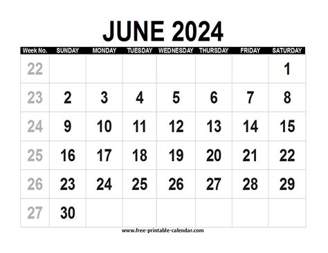 Blank Calendar 2024 June Free Printable