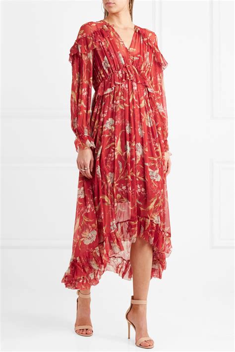 Zimmermann Corsair Ruffled Floral Print Crepon Midi Dress In Crimson