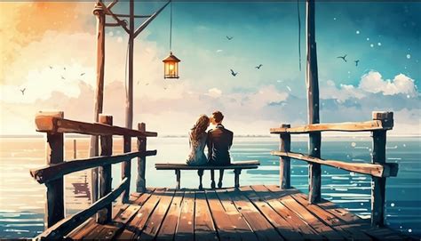 Premium Ai Image Couple In Love Sitting On Pier Near Sea