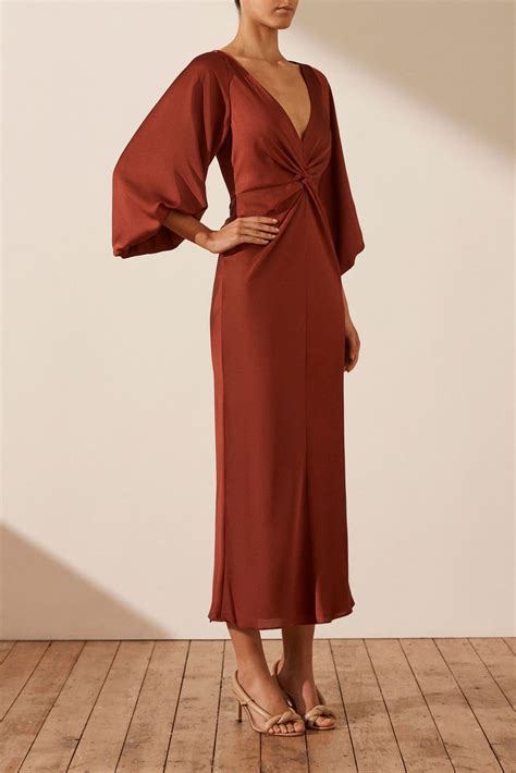 Luxe Balloon Sleeve Knot Front Midi Dress Sangria Dresses Shona