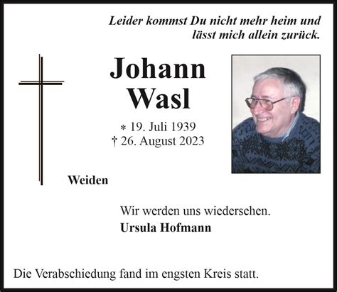 Traueranzeige Johann Wasl Weiden Oberpfalzecho