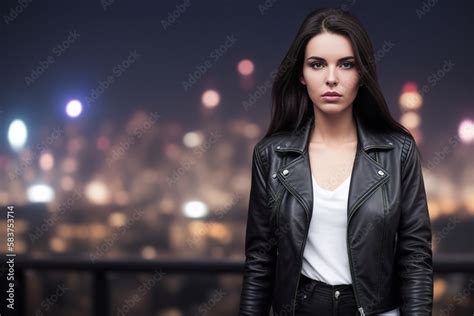 Brunette Woman Black Leather Jacket Stands Against Backdrop Night Urban Landscape With Lights On