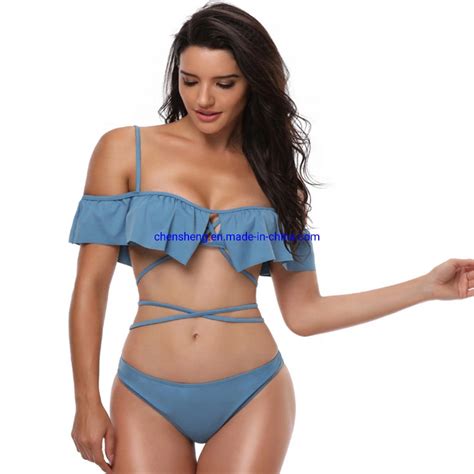 Two Piece Blue And Black Swimsuit Elegant Flounce Top Sexy Micro Lacing Bikini For Women China