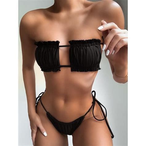 Maillot De Bain Bandeau Pliss Taille Basse Pour Femme Sexy Bikini Solide Blanc