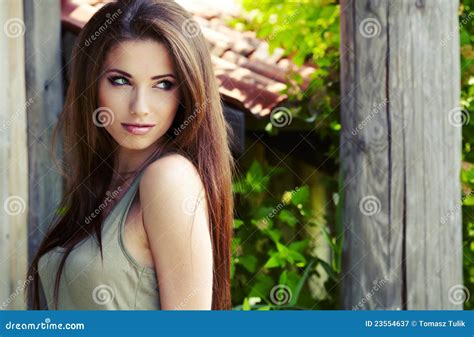 Belle femme de brunette image stock Image du pré brune 23554637