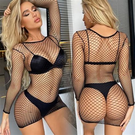 Robe Robe en résille Sexy pour femmes Lingerie érotique avec gants sous vêtements Porno bas de