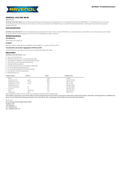 Ravenol HCS 5W-40 - Ravenol - Ölanalysen und Ölanalytik für Motor und ...