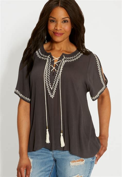 Plus Size Peasant Top With Embroidery And Cold Shoulders In Black Maurices