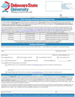 Fillable Online Desu Summer Financial Aid Request Form Student