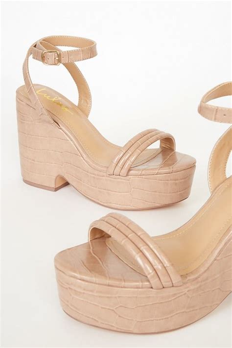 Kairi Light Nude Crocodile Embossed Platform Wedge Sandals Platform Wedges Platform Wedge