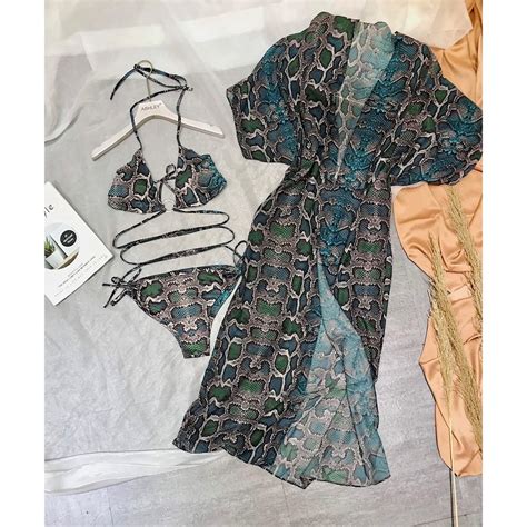 COCA Bikini 3 Piece Swimwear Set With Blue Snake Skin Pattern Including Bikini And Gown
