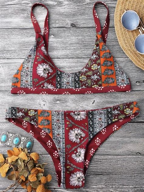 72 OFF 2021 Patchwork Print Bralette Scoop Bikini Set In RED ZAFUL