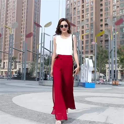 HOT กางเกงขากวางผาชฟองสำหรบผหญงแบบใหมฤดรอนกระโปรงกางเกงยาวเอวสงแบบกระโปรงยาวทรงหลวม