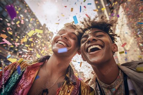Happy Generative AI Couple At LGBTQ Gay Pride Parade In New York USA Love And Diversity In