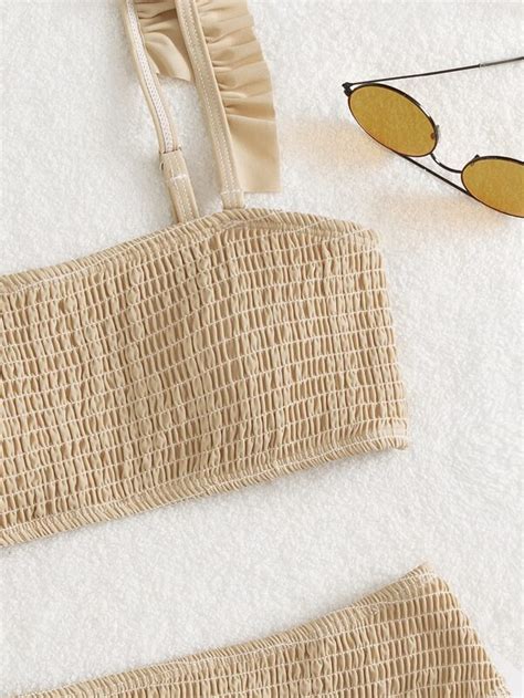 Shein Swim Basics Solid Bikini Set Smocked Frill Trim Bra High Waisted Bottom Piece Bathing