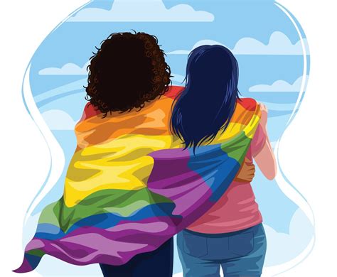 Lesbian Couple Hugging With Pride Lgbtq Flag Vector Art And Graphics