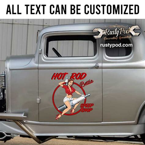 Personalized Pin Up Girl And Spark Plug Lettering Hot Rod Door Sign Rat Rod Lettering Hand Paint