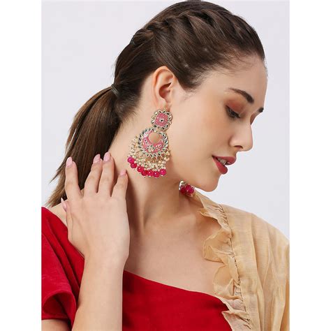 Buy Oomph Rani Pink Meenakari Kundan Large Ethnic Chandbali Drop