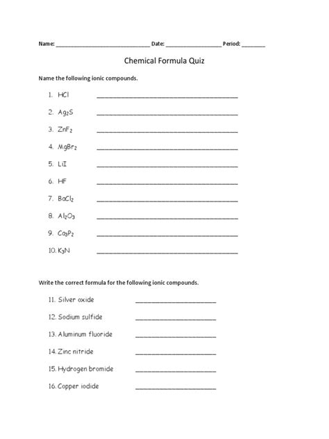 Chemical Formula Quiz Name Date Period