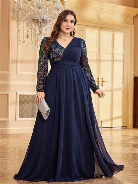 Lucyinlove Plus Size Luxury Chiffon Long Sleeve Evening Dresses Women Sequin Blue Wedding Party