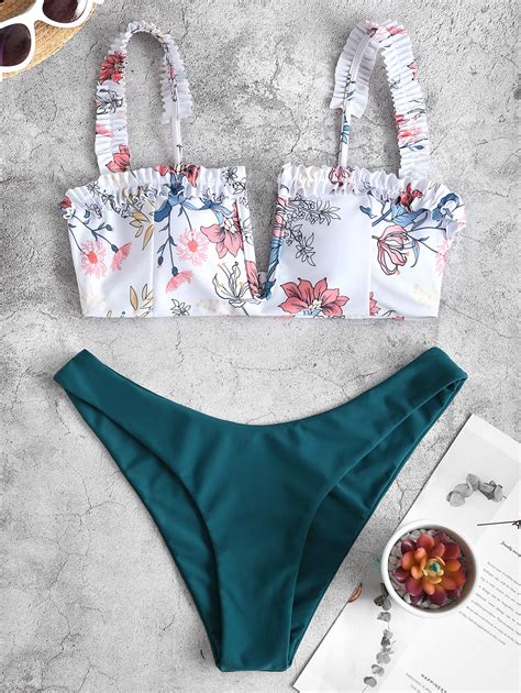 Zaful Plant Print Frilled V Wired High Cut Bikini Swimsuit Peacock Blue