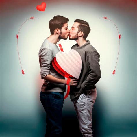 Um casal gay se beijando uma decoração em forma de coração entre eles em uma foto de estúdio