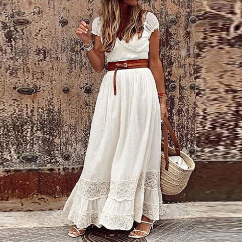 Robe Longue Bohème Chic En Dentelle Blanche Avec Col V Ma Robe Bohème