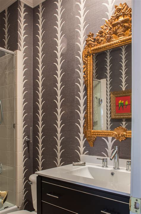 Striped Grasscloth Wallpaper and Gilded Antique Mirror for a Stunning