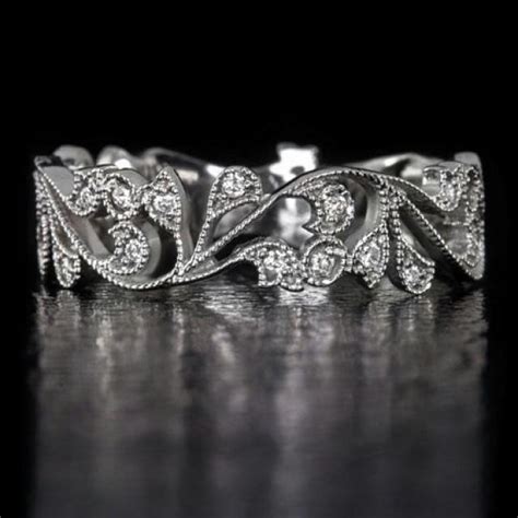 14k White Gold Handcrafted Art Nouveau Inspired Diamond Floral Wedding