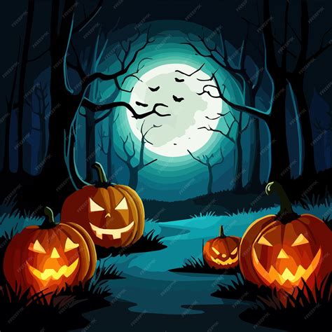 Хэллоуинские традиции символизируют тыквы и темный лес на фоне голубой ...