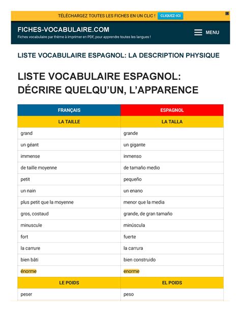 Fiches Vocabulaire Liste Vocabulaire Espagnol Description Physique