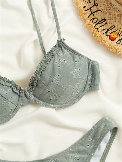 Frill Trim Eyelet Embroidery Push Up Bikini Swimsuit Shein Usa